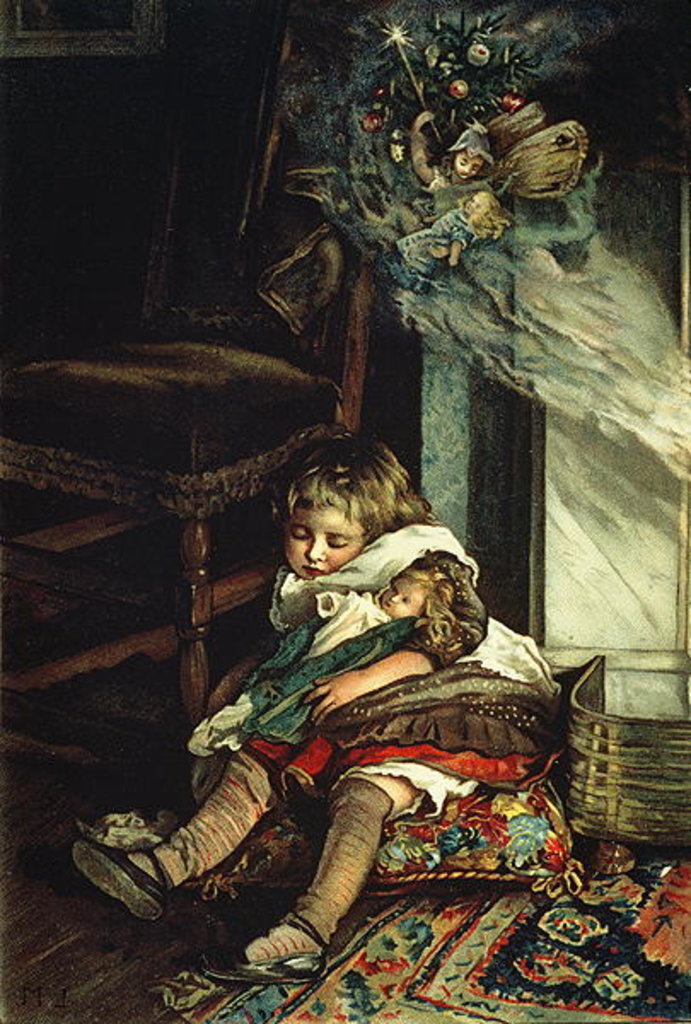 Detail of Children dreaming of toys, frontispiece of 'A Christmas Tree Fairy', pub. 1886 by Lizzie (1867-fl.1880-1902) Mack