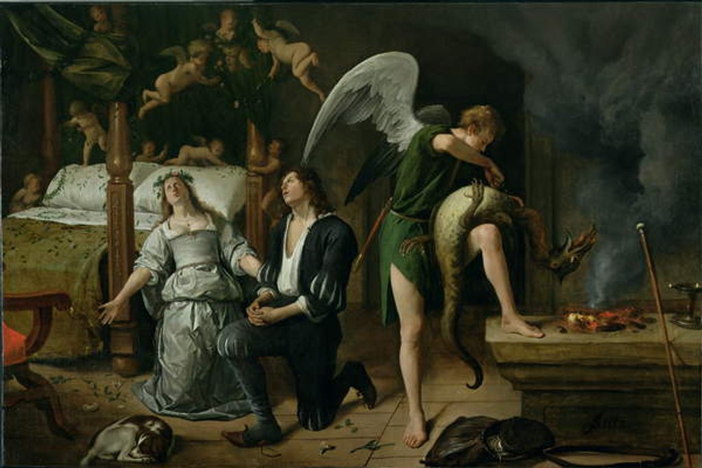 Detail of Tobias and Sarah with the Archangel Raphael exorcising the demon Asmodeus, restored version reassembled from two separated fragments by Jan Havicksz. Steen