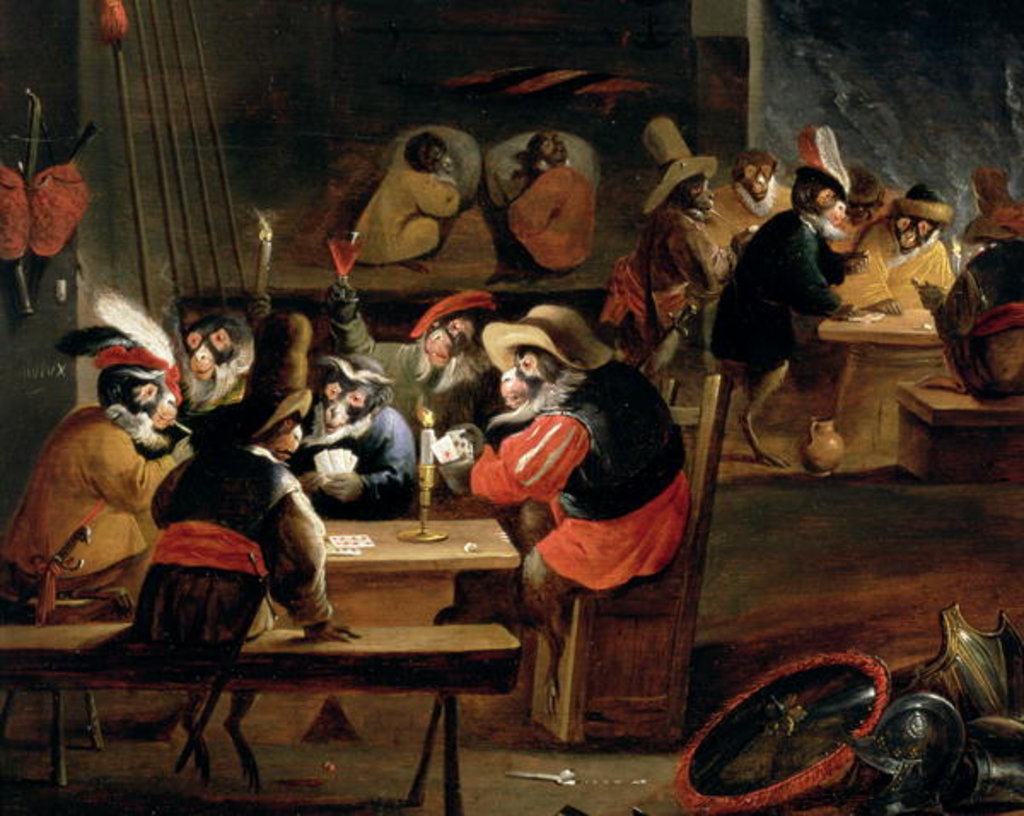 Detail of Monkeys in a Tavern, detail of the card game by Ferdinand van Kessel