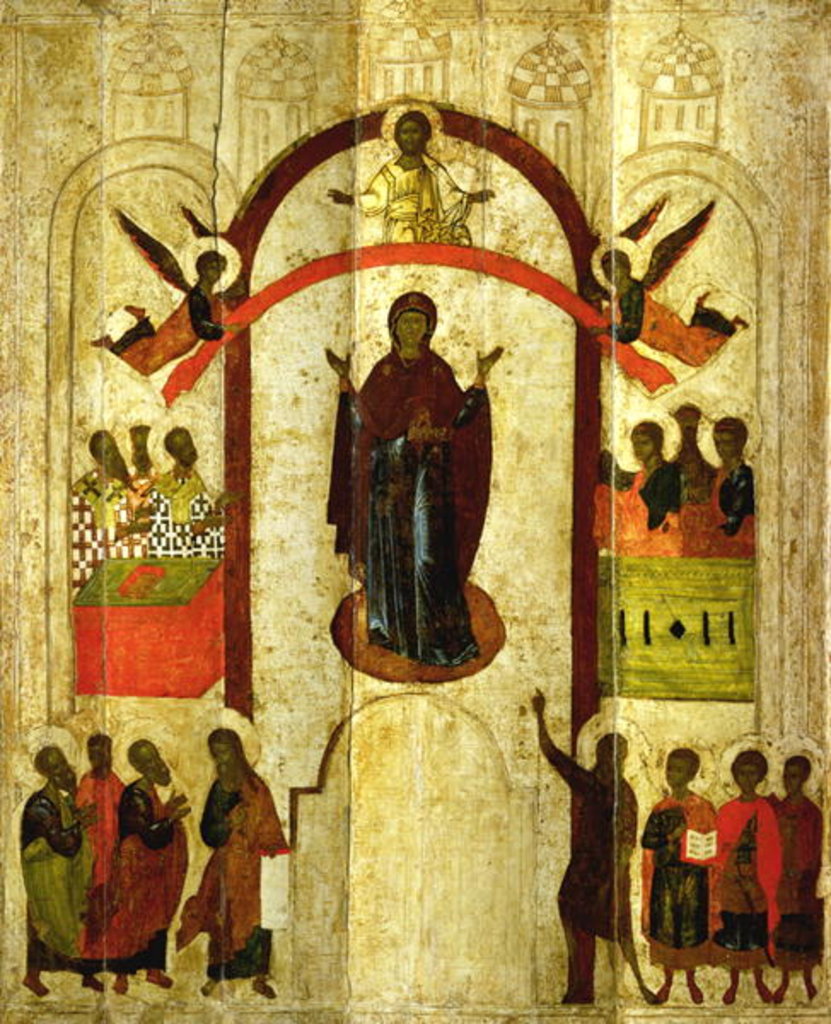 Detail of The Protection of the Theotokos Russian icon from the Zverin Monastery, 1399 by Novgorod School