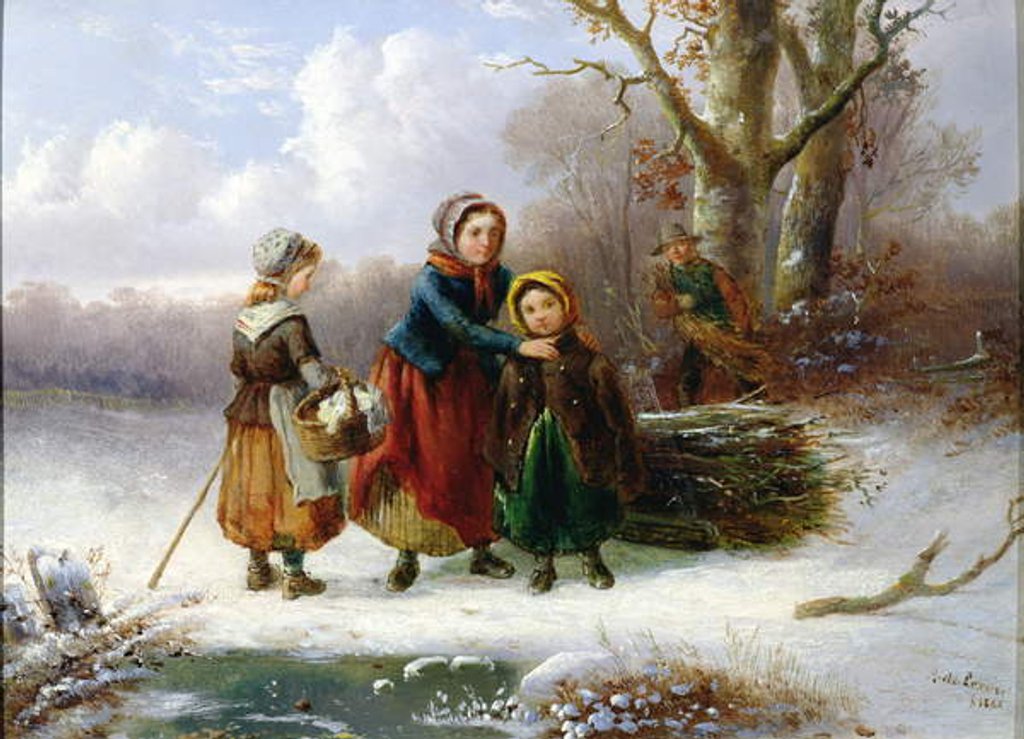 Detail of Three Girls in a Winter Landscape, 1865 by Alexis de Leeuw