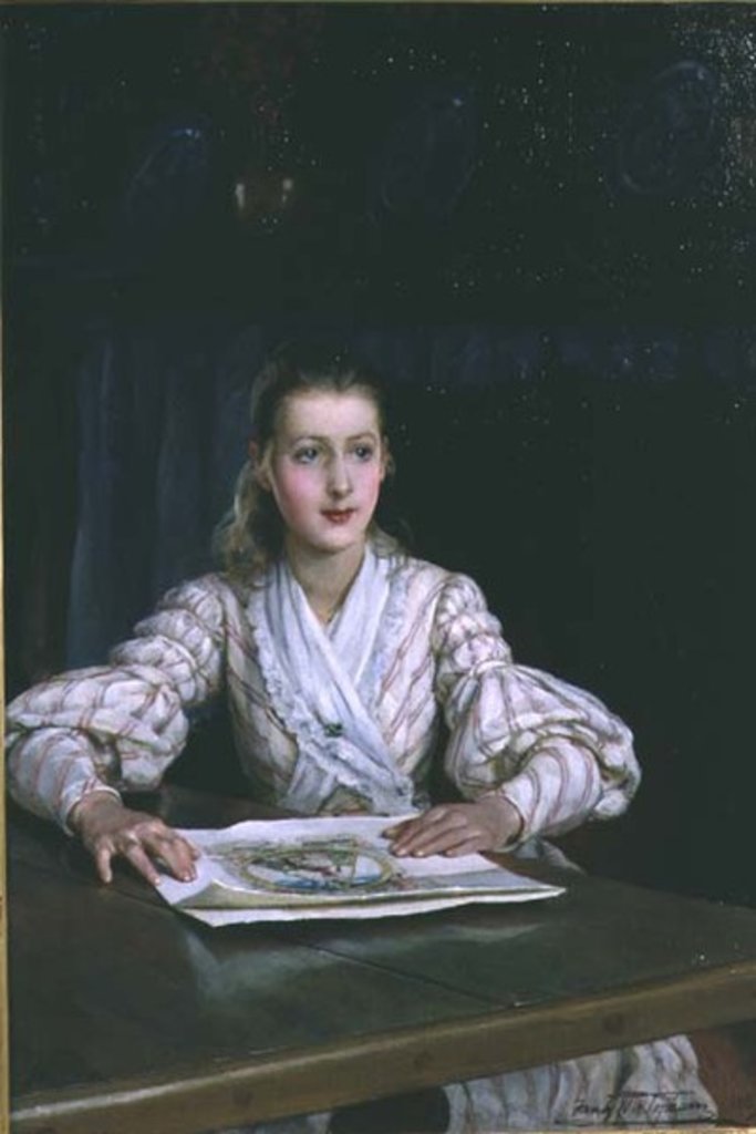 Detail of Young Girl Looking at a Print, 1889 by Frank William Warwick Topham