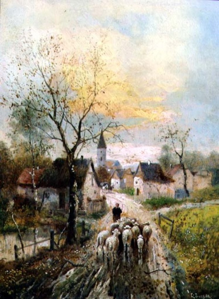 Detail of A Shepherdess Leads Her Flock into the Village by Lothar Michael Burger