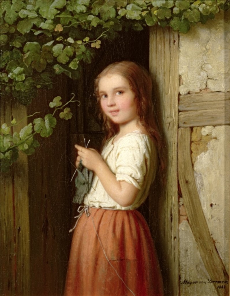 Detail of Young Girl Standing in a Doorway Knitting, 1863 by Meyer von Bremen