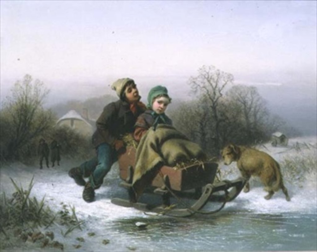 Detail of A Boy Pushing a Young Girl in a Sledge by Jan Walraven