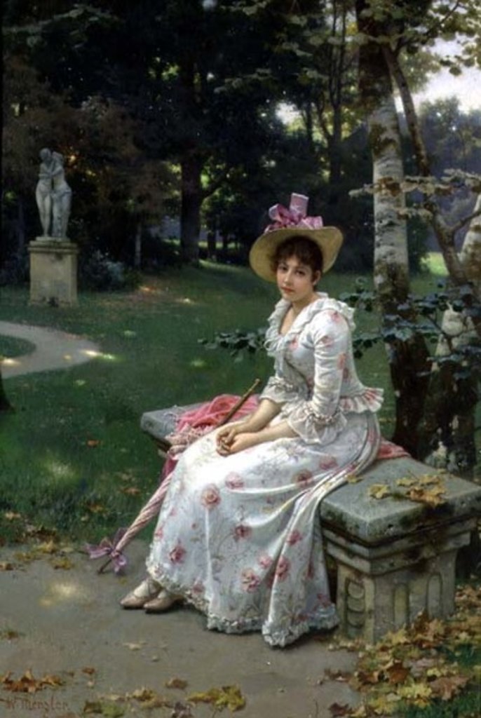 Detail of Young Woman Waiting on a Park Bench with a Parasol by Wilhelm Menzler