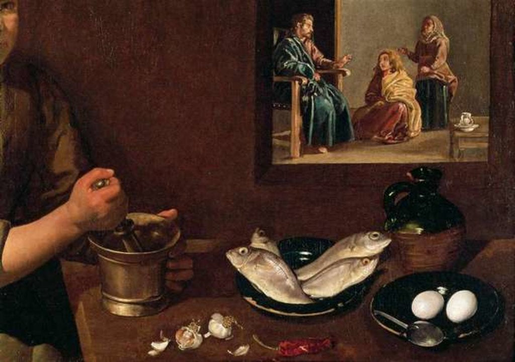 Detail of Kitchen Scene with Christ in the House of Martha and Mary, detail, c.1618 by Diego Rodriguez de Silva y Velazquez