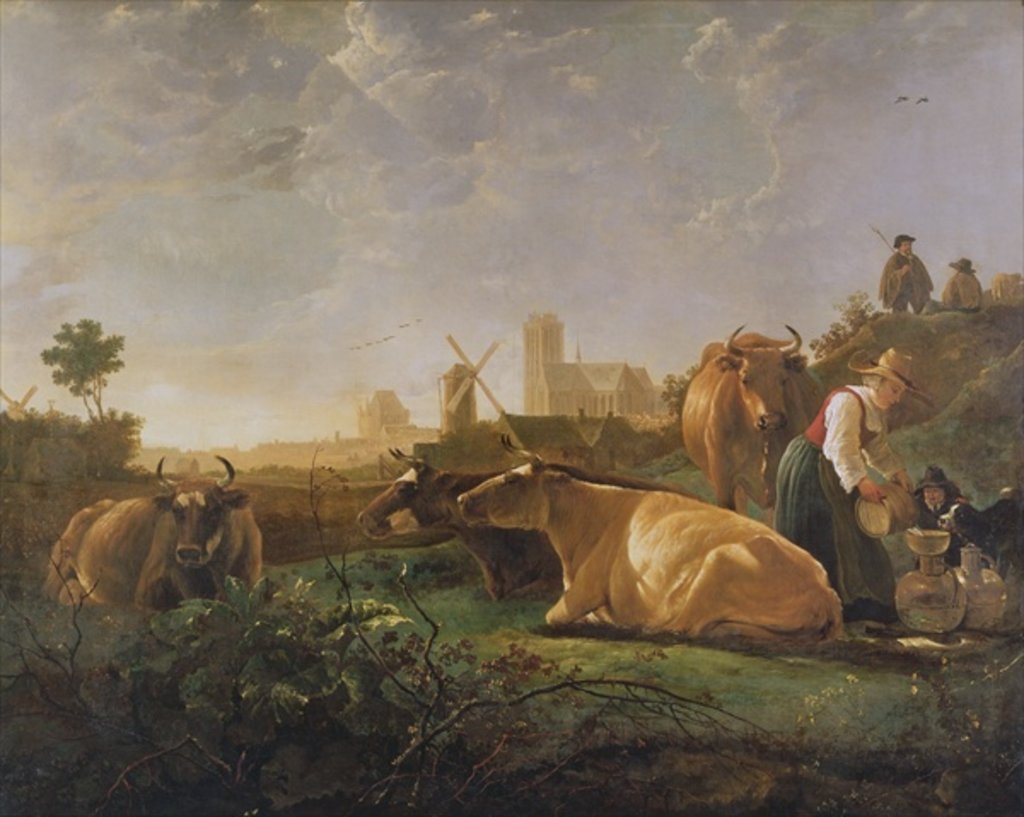Detail of A Distant View of Dordrecht with Sleeping Herdsman and Five Cows, c.1650-52 by Aelbert Cuyp
