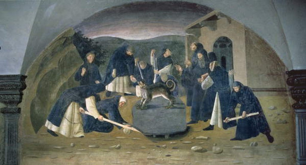 Detail of St. Benedict Lifting the Fallen Rock, detail from the fresco cycle of the Life of St. Benedict from the Chiostro degli Aranci c.1430's by Giovanni di Consalvo
