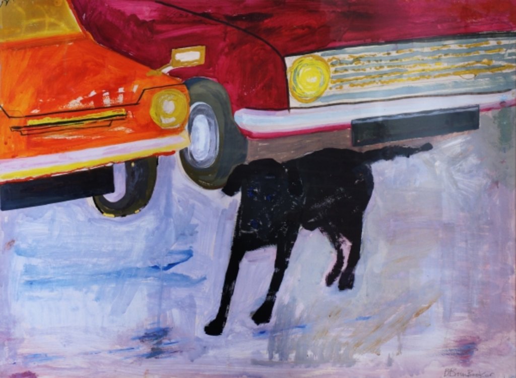 Detail of Dog at the Used Car Lot, Rex with Red Car by Brenda Brin Booker