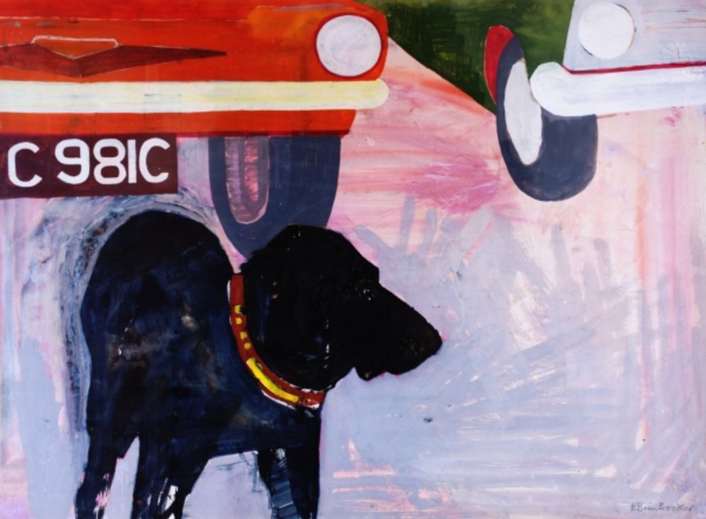 Detail of Dog at the Used Car Lot, Rex with orange car by Brenda Brin Booker