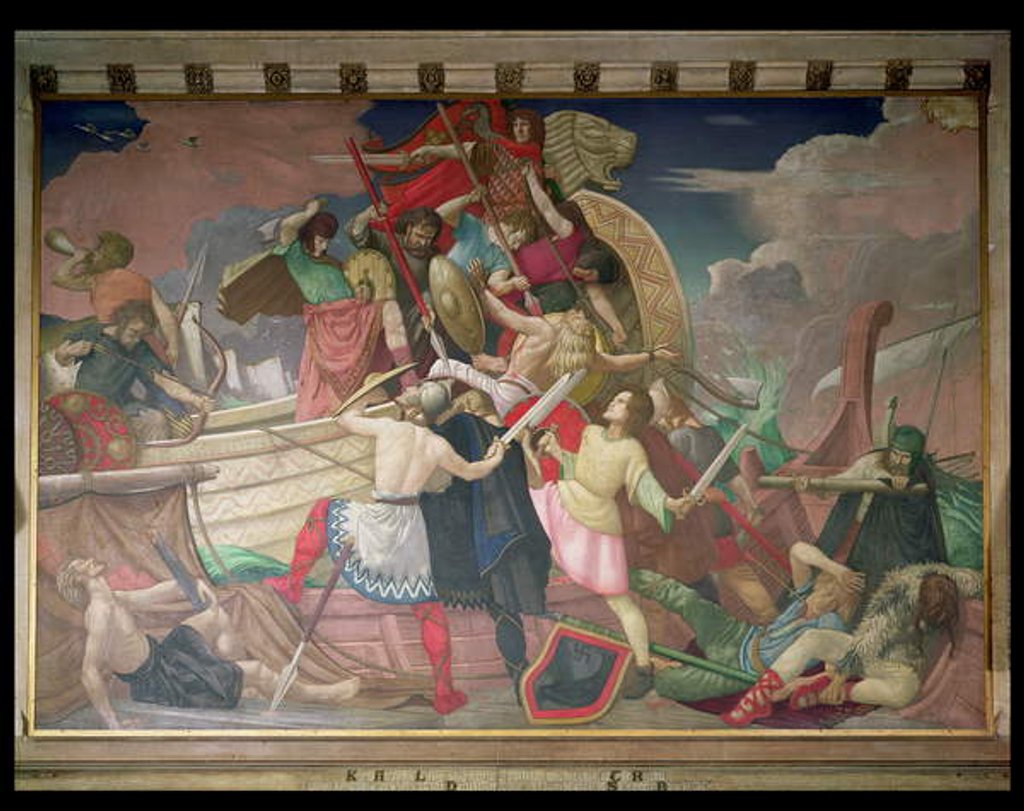 Detail of King Alfred's Longships, Newly Built for the Defence of the Realm, Attack Vessels of the Danish Invaders Storm-Beaten in Swanage Bay in 877 by Colin Unwin Gill