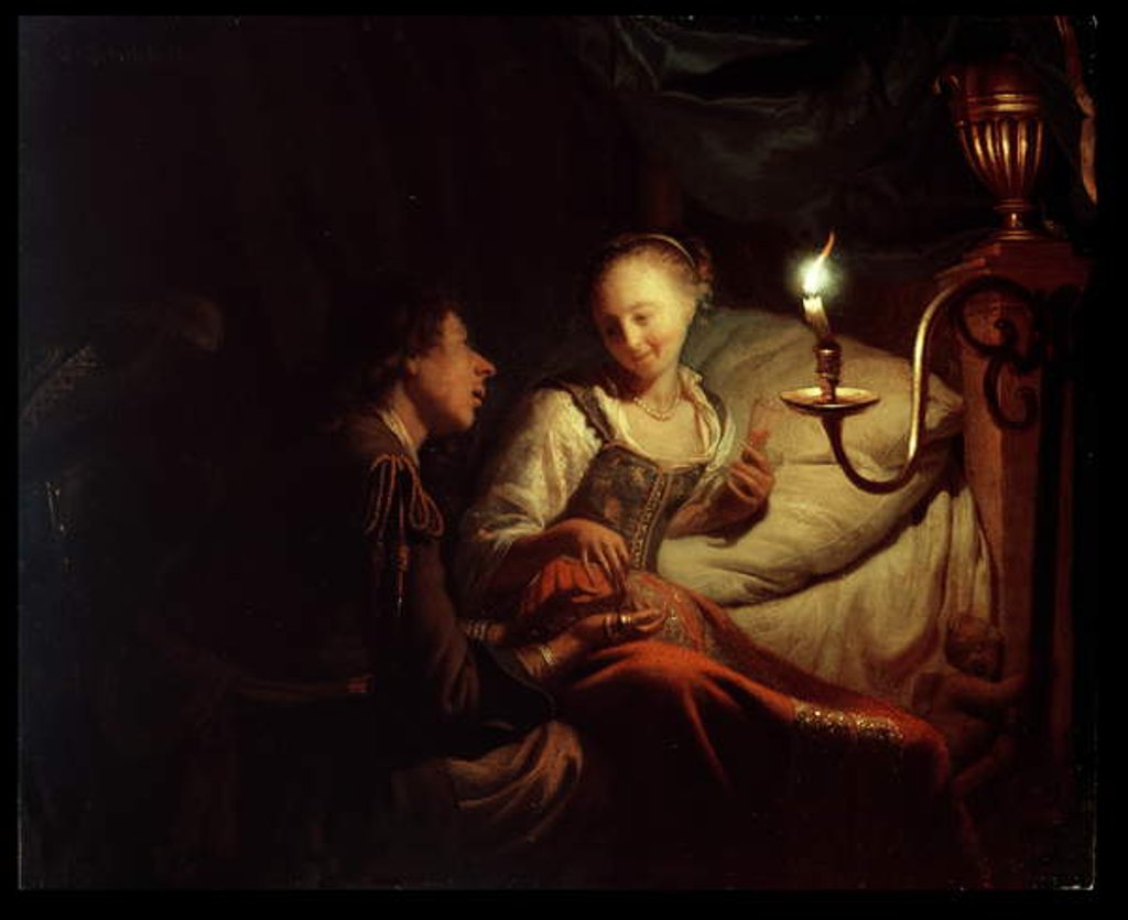 Detail of A Candlelight Scene: A Man Offering a Gold Chain and Coins to a Girl Seated on a Bed, c.1665-70 by Godfried Schalken or Schalcken
