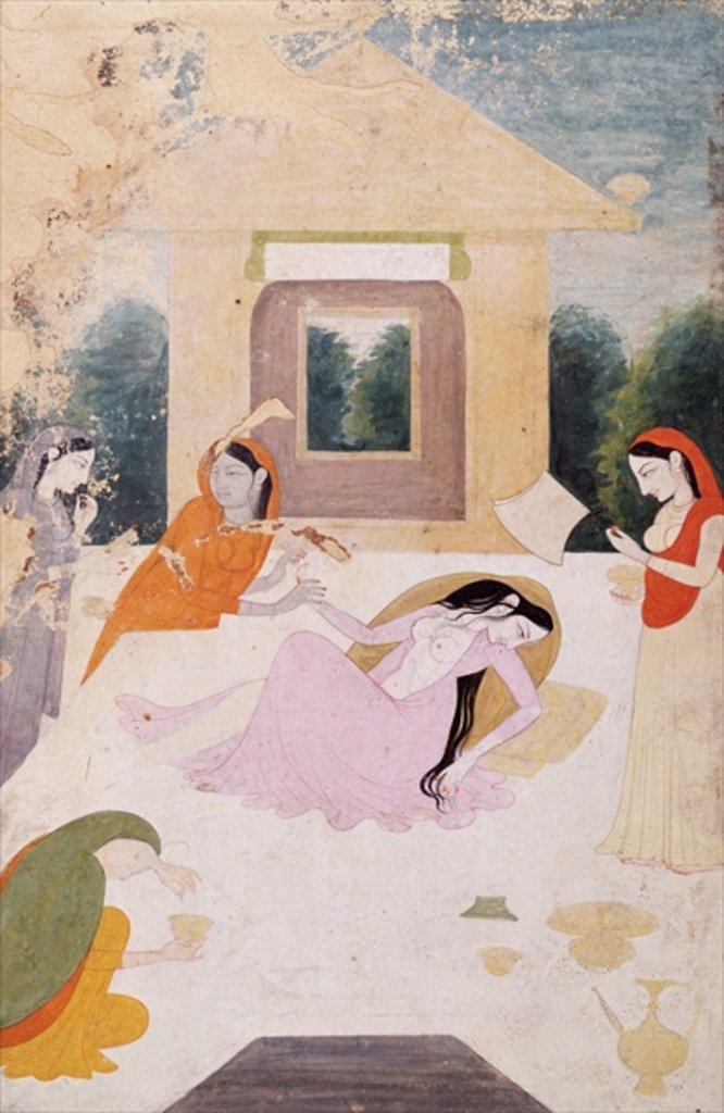 Detail of A lady on a terrace, distraught with unsatisfied longing for her lover, her attendants can do nothing to console her by Indian School