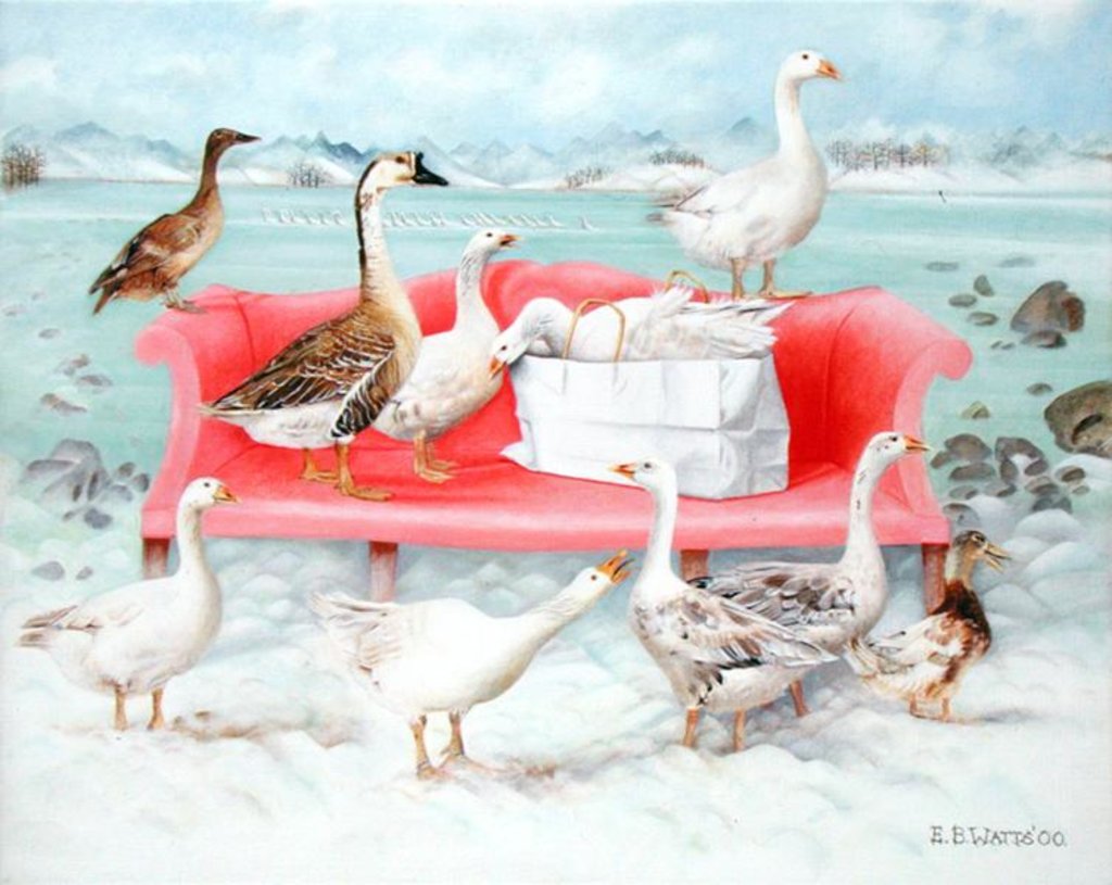 Detail of Geese on Pink Sofa, 2000 by E.B. Watts