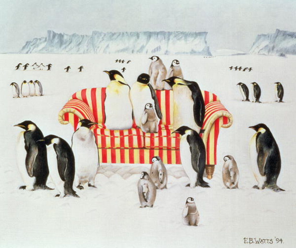 Detail of Penguins on a red and white sofa, 1994 by E.B. Watts