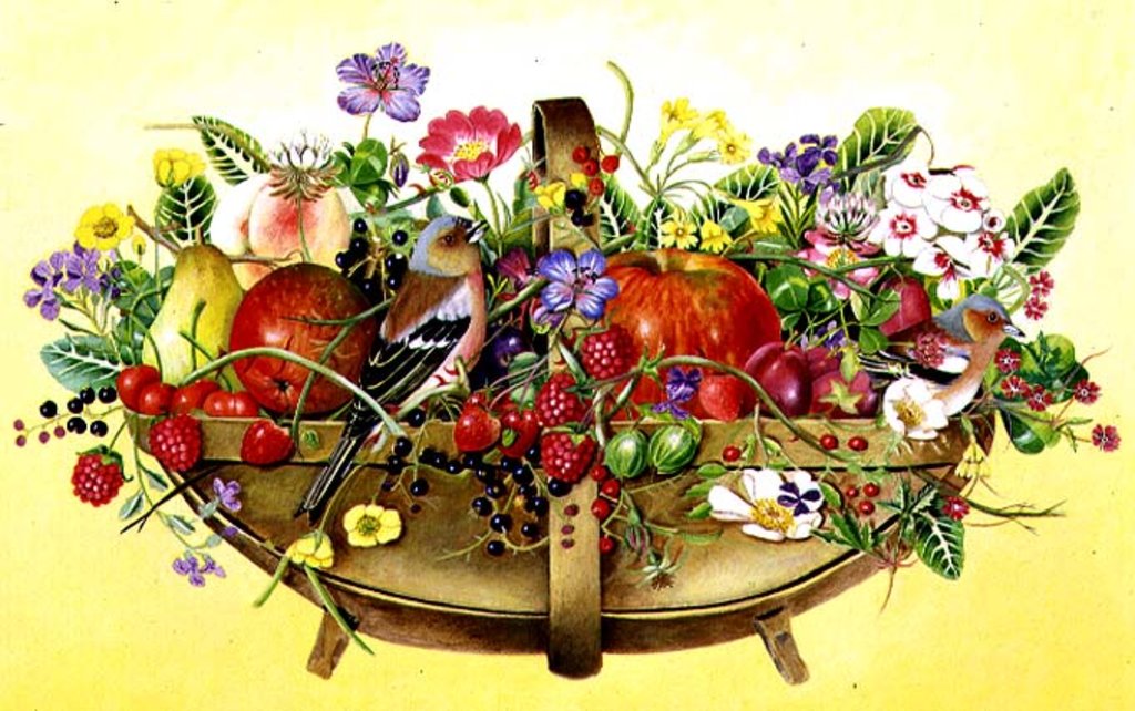 Detail of Trug with Fruit, Flowers and Chaffinches, 1991 by E.B. Watts