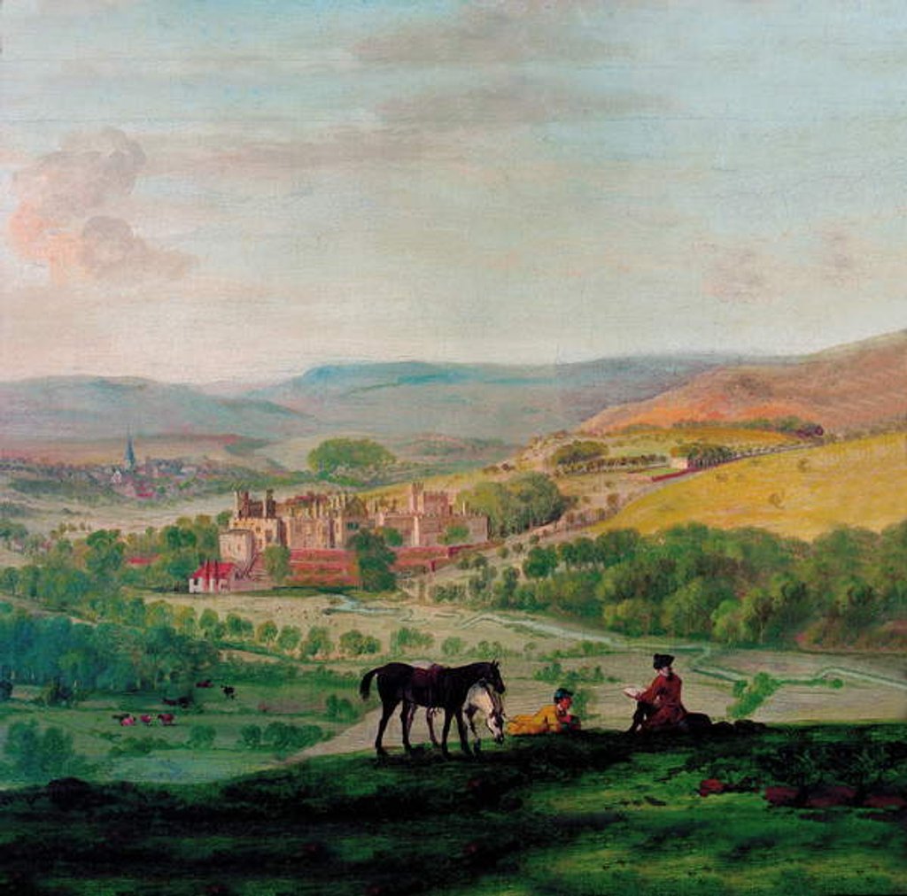Detail of An 18th Century view of Haddon Hall with the village of Bakewell in the background by John Raphael Smith