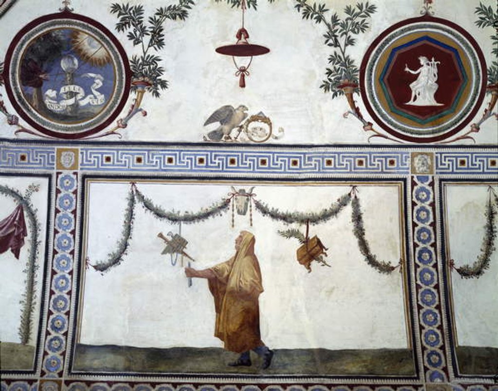 Detail of The 'Camera con Fregio di Amorini' detail of the ceiling depicting a robed man and insignia of the Medici family, 1520's by Giulio Romano