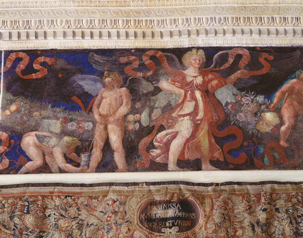 Detail of Frieze from the 'Camera con Fregio di Amorini' detail of a cupid urinating in a jug, 1520s by Giulio Romano