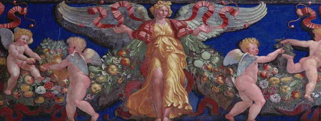 Detail of Frieze from the 'Camera con Fregio di Amorini' detail of an angel in a golden dress with spread wings, 1520s by Giulio Romano