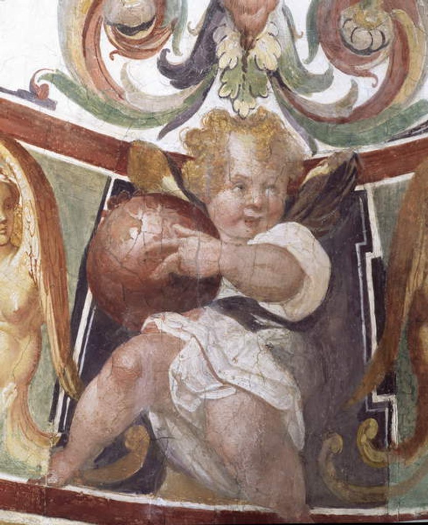 Detail of The 'Studiolo' of Francesco de'Medici detail of decoration depicting a putto holding a globe, 1564-75 by Nanni di B. Bigio & Bartolomeo Ammannati (1511-92)