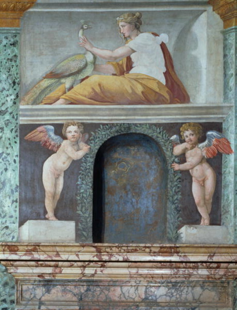 Detail of The 'Sala delle Prospettive' detail of trompe l'oeil niche depicting the goddess Juno with a peacock, 1518-19 by Baldassarre (and workshop) Peruzzi