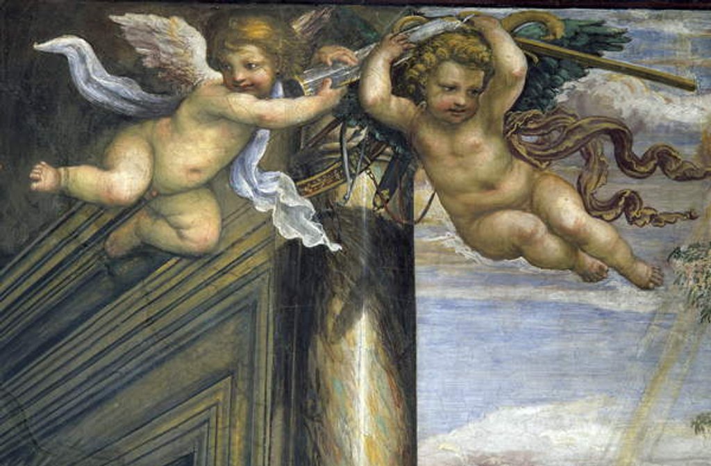 Detail of The 'Sala delle Nozze di Alessandro e Rossana' and Roxanne) detail of two flying putti, c.1513 by Giovanni Antonio Bazzi Sodoma