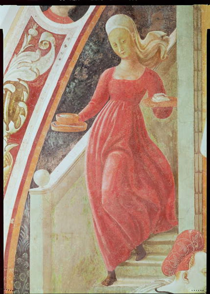 Detail of The Birth of the Virgin, detail of a maid servant descending a staircase by Paolo Uccello