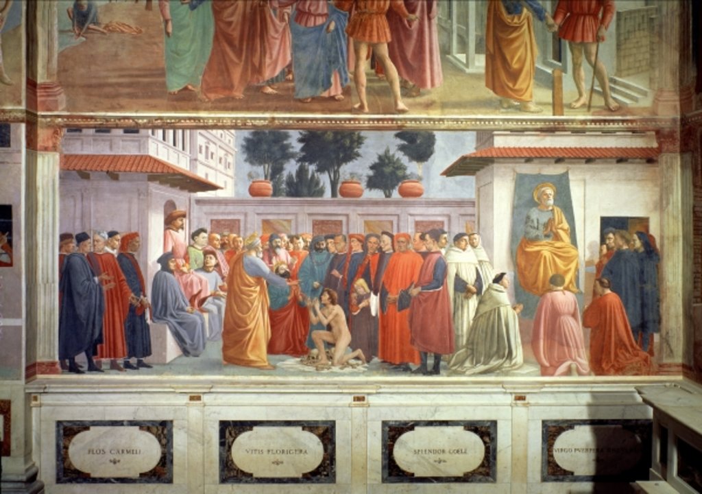 Detail of The Raising of the Son of Theophilus, the King of Antioch, and St. Peter Enthroned as First Bishop of Antioch, c.1427 and c.1480 by T. & Lippi F. (1457/8-1504) Masaccio