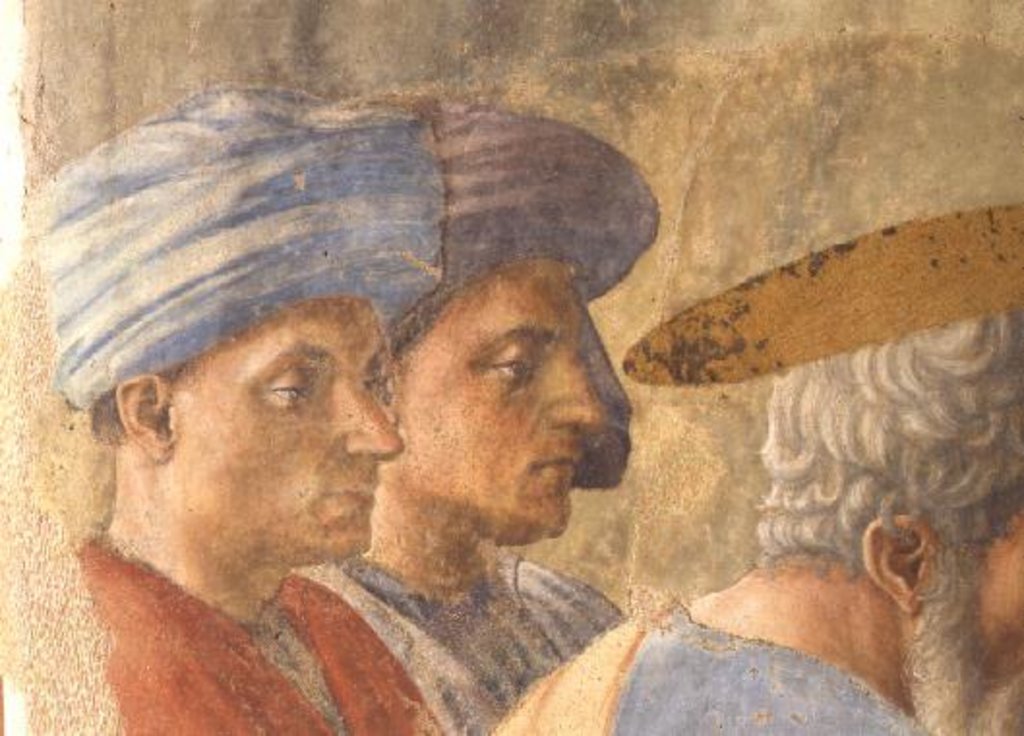 Detail of St. Peter Baptising the Neophytes: detail of two turbanned observers, c.1427 by Tommaso Masaccio
