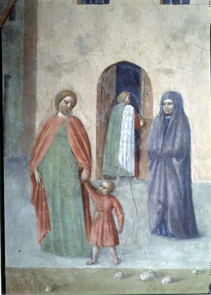 Detail of St. Peter Healing a Cripple and the Raising of Tabitha: detail of distant figures: nun and mother and child, c.1427 by Tommaso Masolino da Panicale