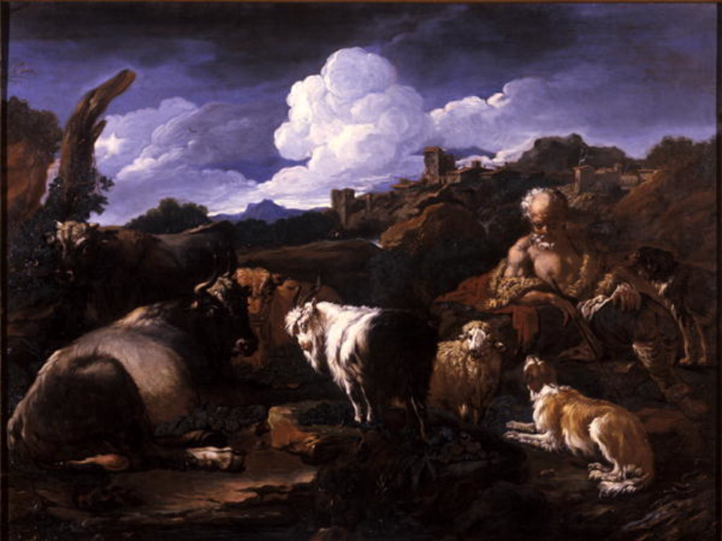 Detail of Herdsman with his flock by Philipp Peter called Rosa da Tivoli Roos