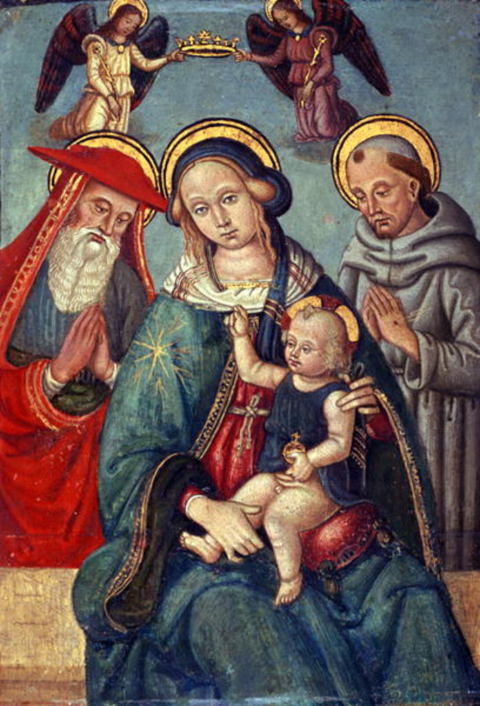 Detail of Madonna and Child being crowned by two Angels, with St. Jerome and St. Francis, c.1500 by Italian School