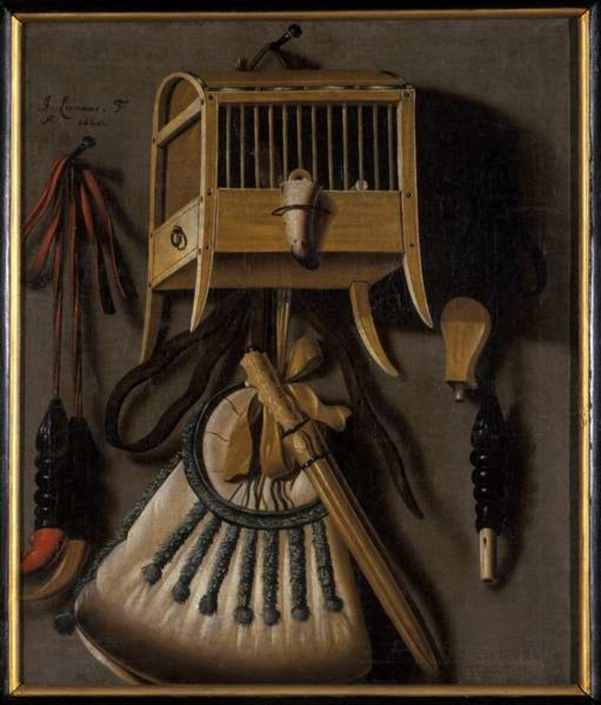 Detail of Still life with bird trapping equipment, 1660 by Johannes Leemans