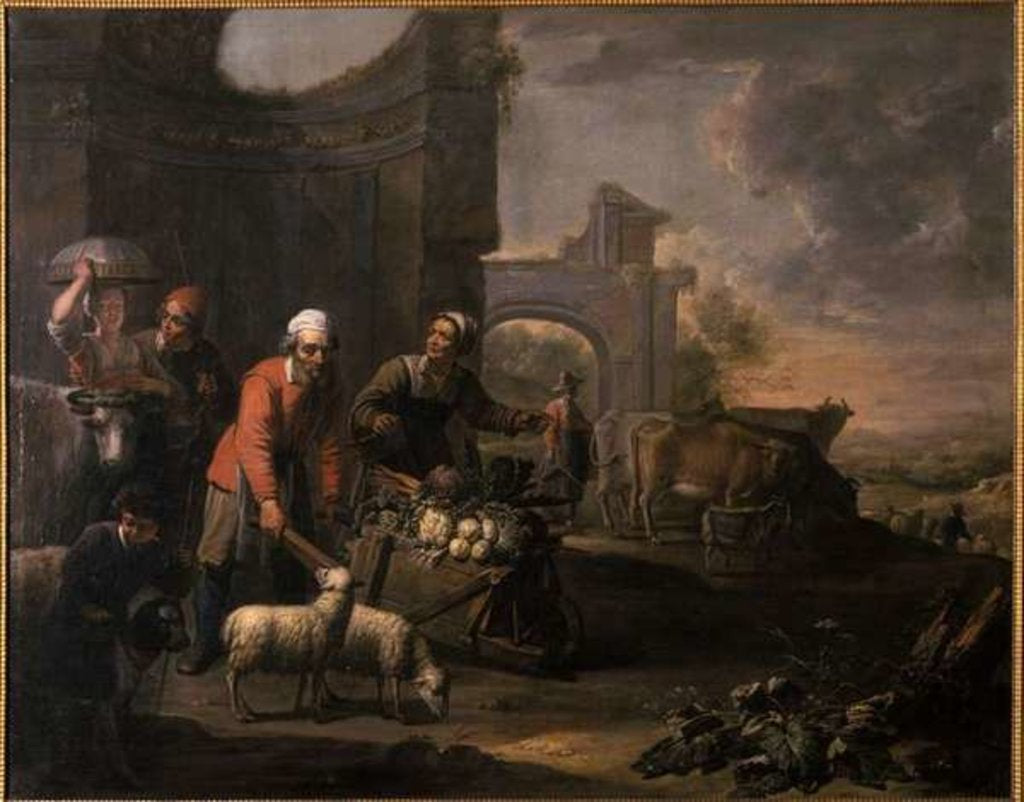 Detail of A man with a pushcart full of vegetables by Willem van the Elder Herp