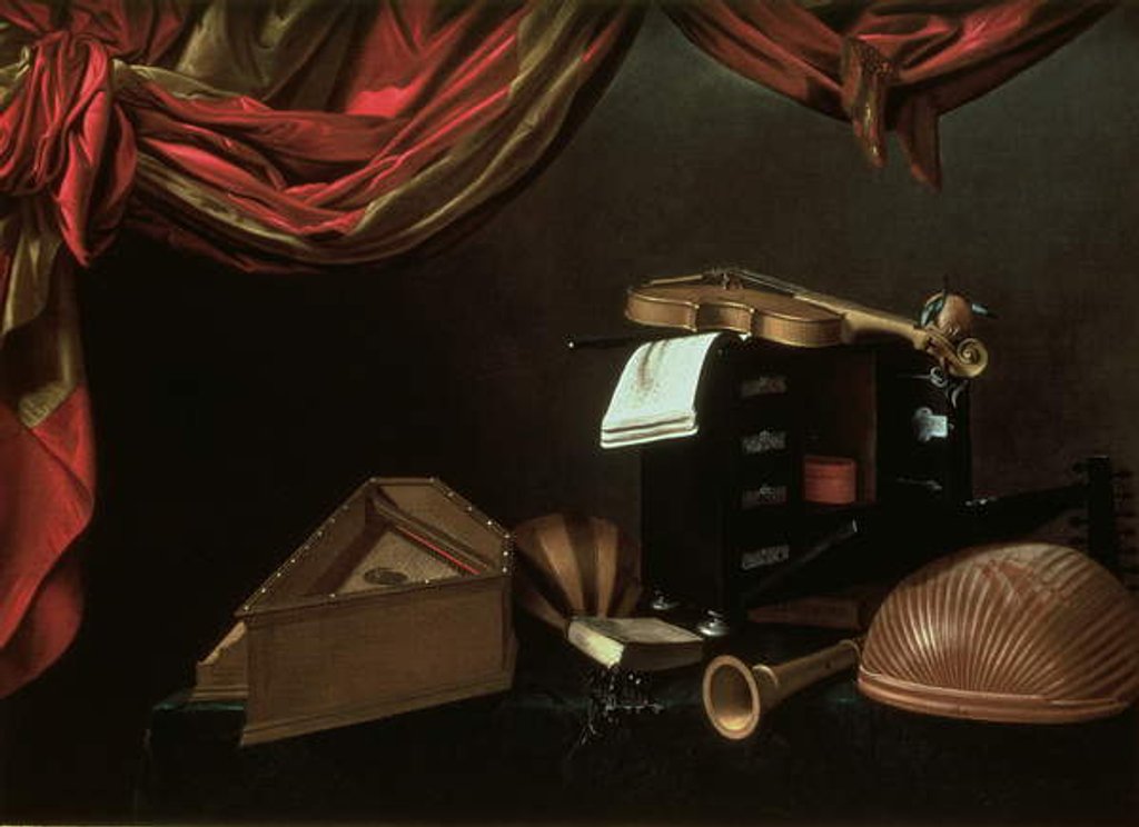 Detail of Still life with musical instruments by Evaristo Baschenis