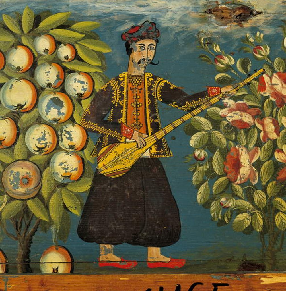 Detail of Detail of a musician from a chest, from Mytilini, Lesbos, 18th-19th century by School Greek