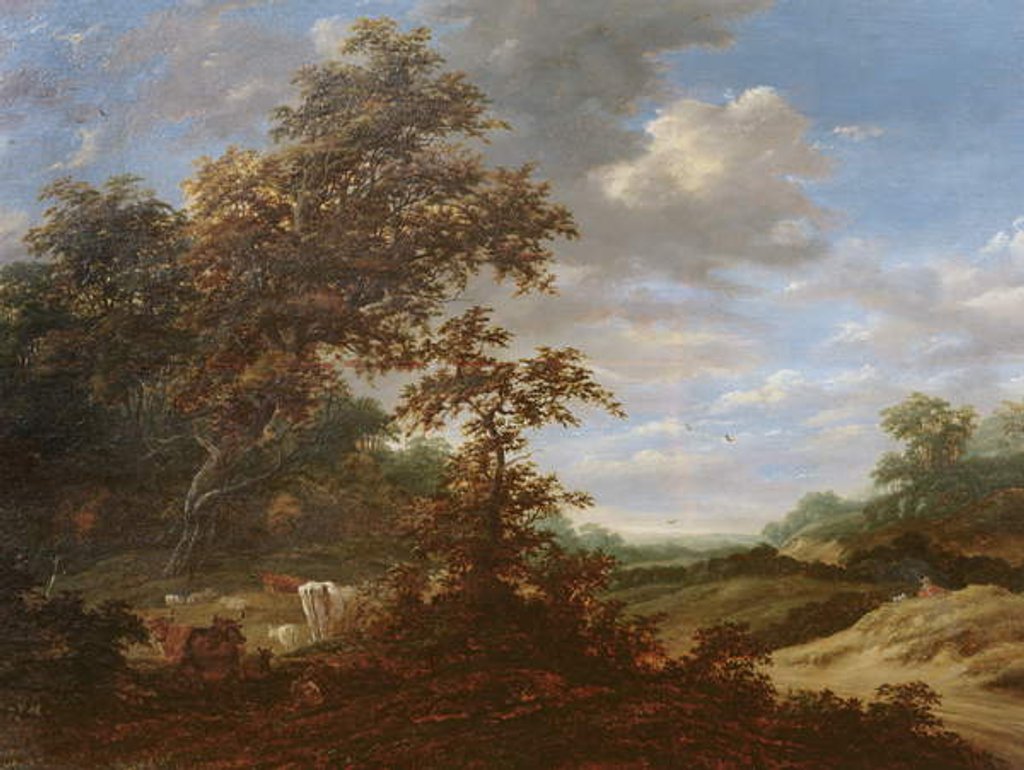 Detail of A Wooded Landscape with Cattle by Jacob Salomonsz. Ruysdael