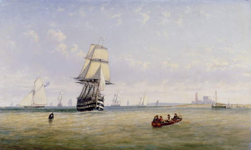Detail of Men-o'-War, Schooners and Royal Navy Yachts in Busy Channel Scene off the Fastnet Light by Claude T. Stanfield Moore