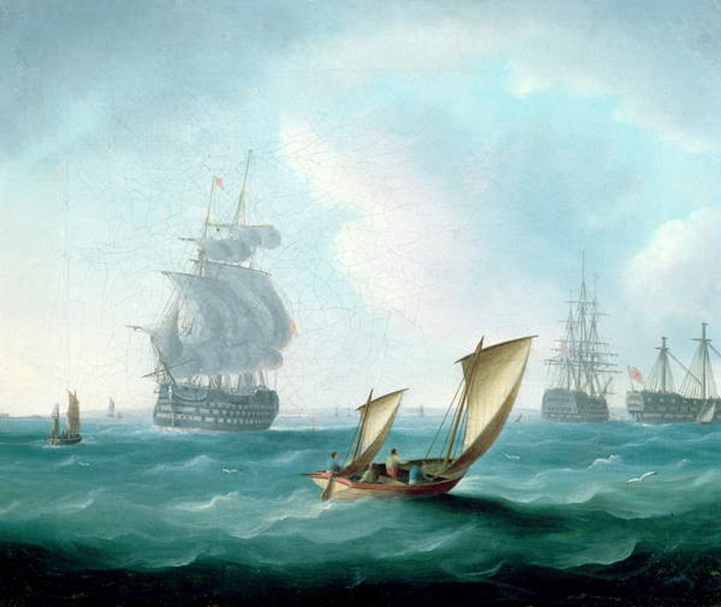 Detail of British Men-o'-war and a Hulk in a Swell, a Sailing Boat in the Foreground by Thomas Buttersworth