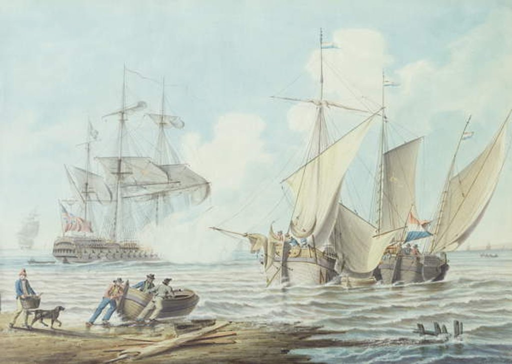 Detail of Dutch Pinks and a British Man-o'-War off a Coastline by George Webster