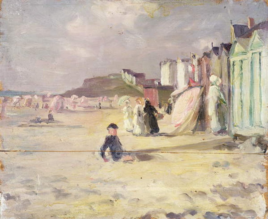 Detail of Figures walking beside a line of beach huts by Philip Wilson Steer