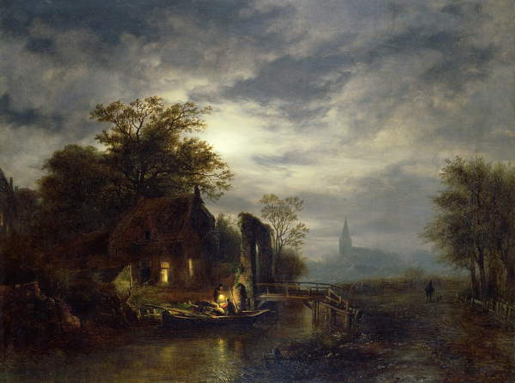 Detail of Moonlit river scene with figures unloading a boat by Georg Gillis van Haanen