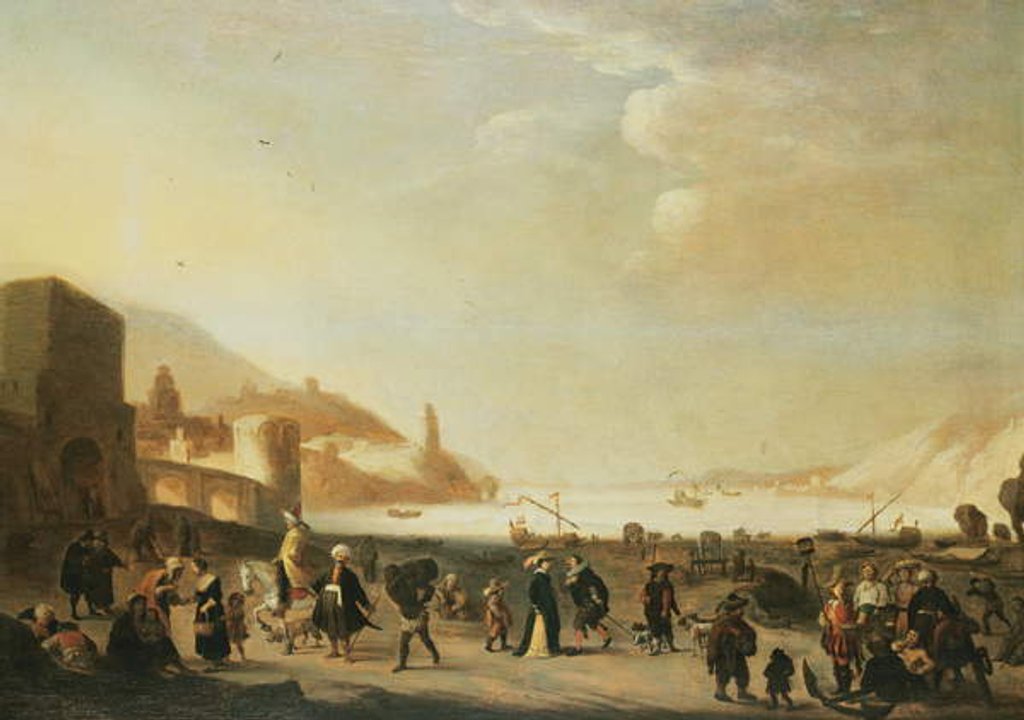 Detail of A port with street vendors and peasants in the foreground by Dutch School