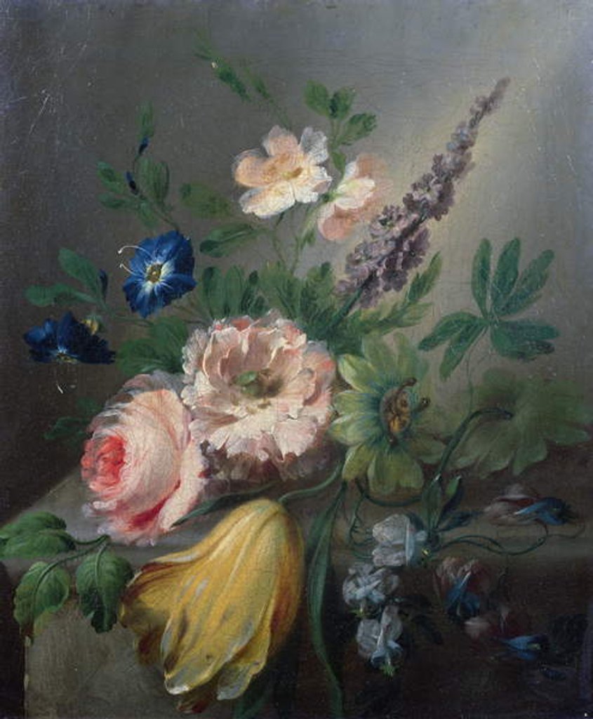 Detail of Still life of roses, passion flowers, a tulip and other flowers on a stone ledge by Jean-Louis Prevost