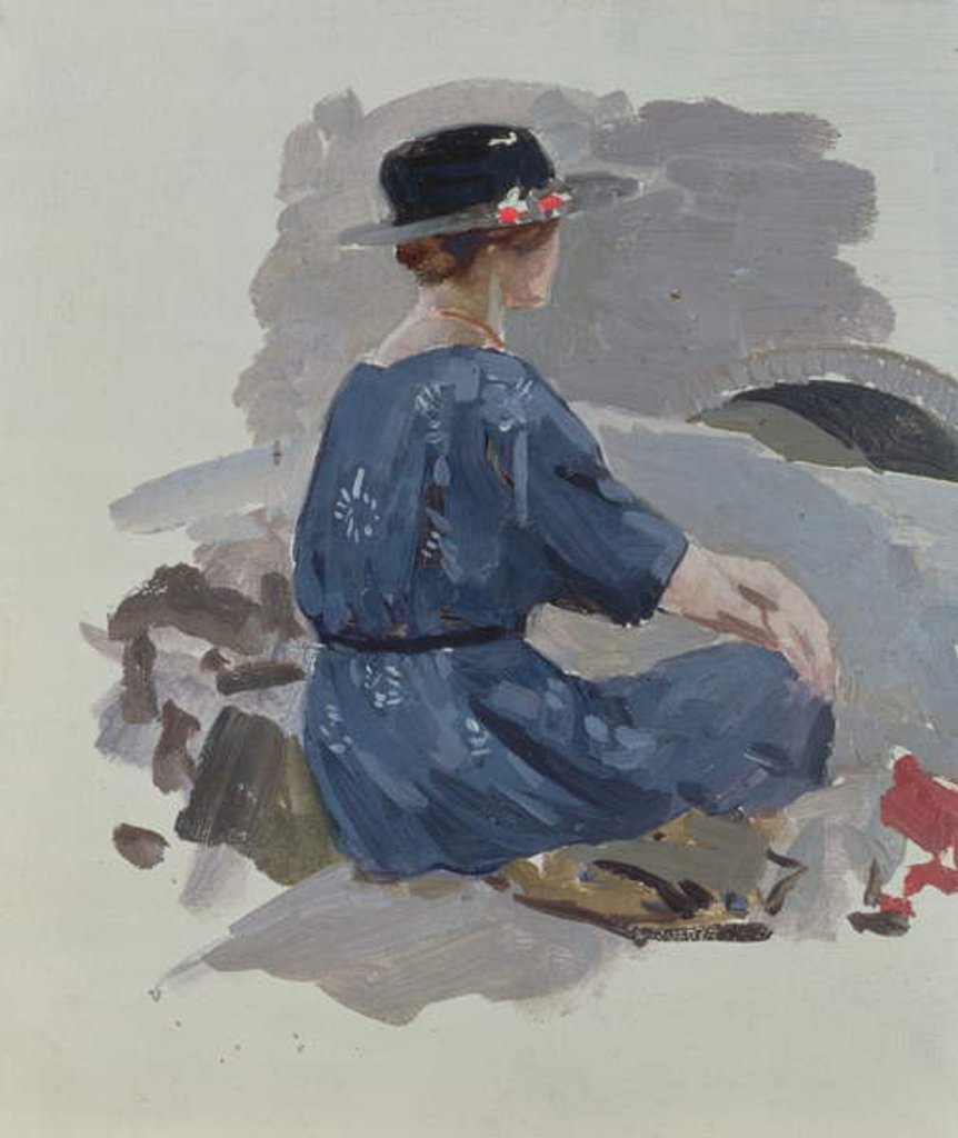 Detail of Woman in a blue dress and wide brimmed hat sitting upon rocks by Harry Watson