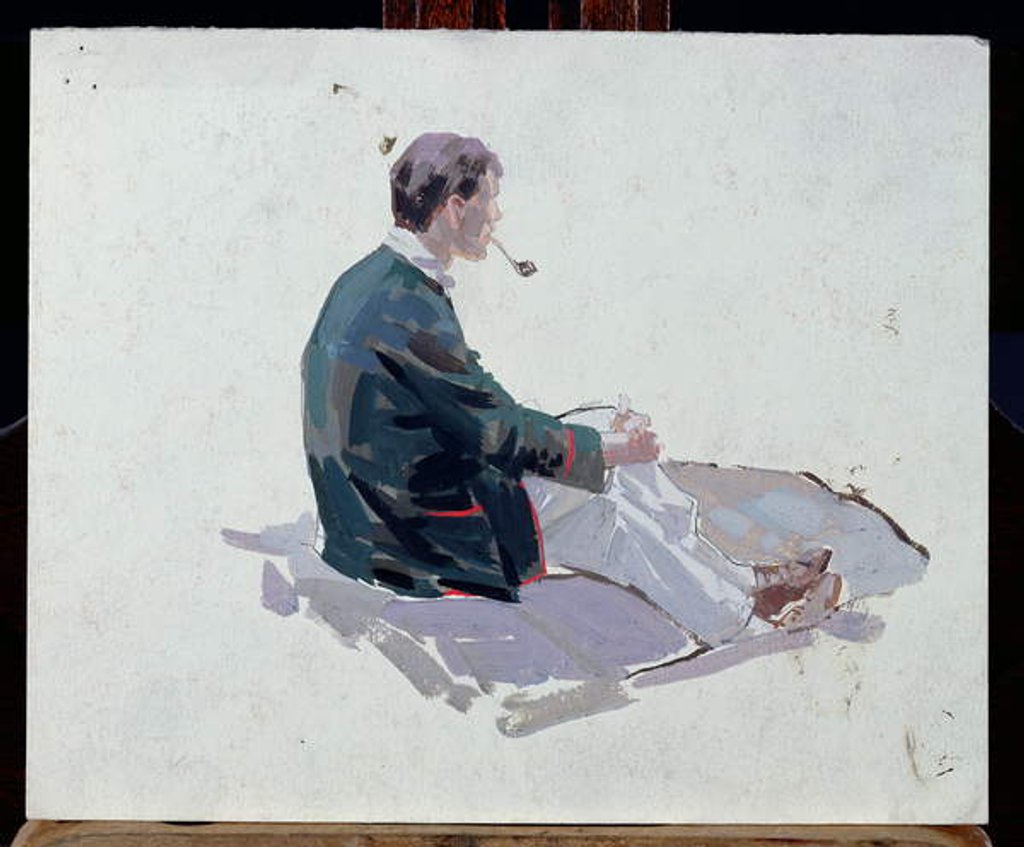 Detail of Man sitting upon rocks smoking a pipe by Harry Watson