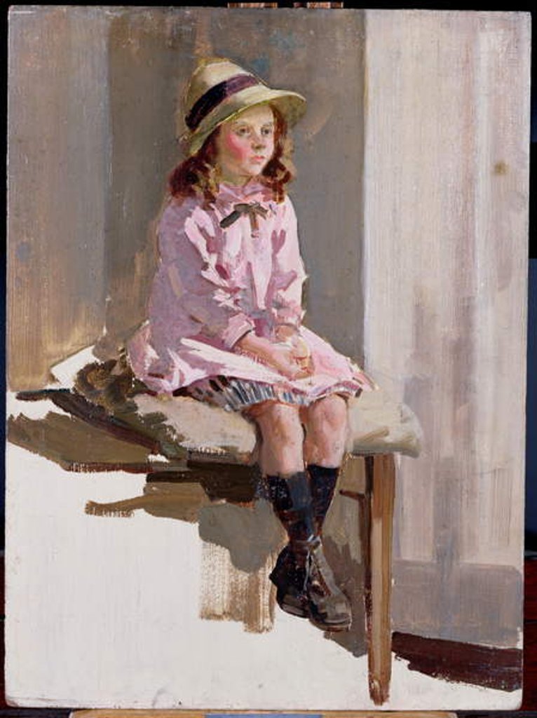 Detail of Portrait of a young girl in a pink dress and a straw hat by Harry Watson