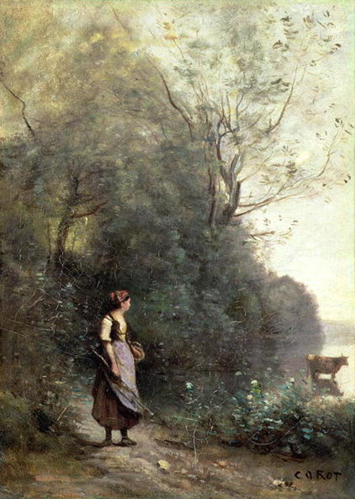 Detail of A Peasant Woman Grazing a Cow at the Edge of a Forest, c.1865-70 by Jean Baptiste Camille Corot